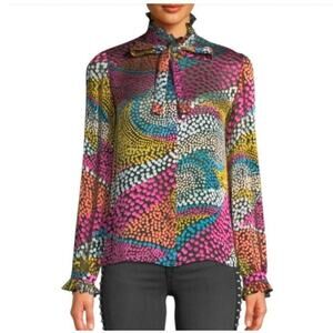 Saloni Polka Dot Devore Satin Blouse Sz 6 Multicolor Sheer Ruffle Cuff Whimsical